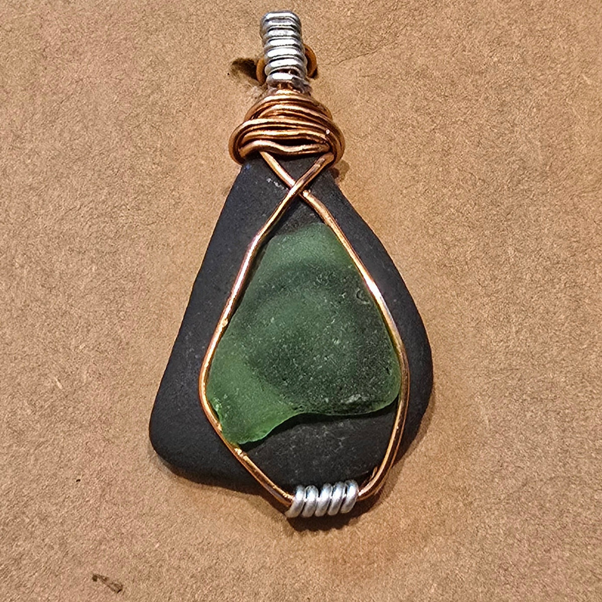 Stone and sea glass wire wrapped pendant